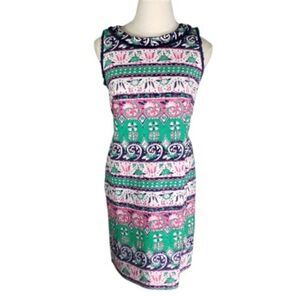 Talbots Boho Spring Shift Sheath Dress Bold Woven Print Floral Geometric Colorbl